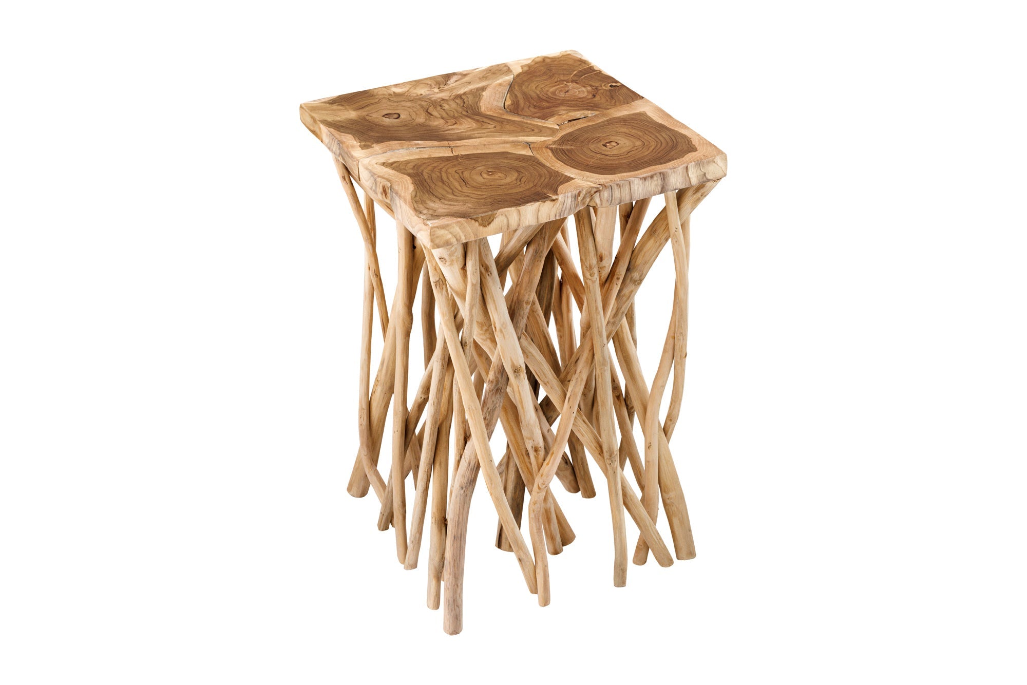 DRIFTWOOD Mesa auxiliar cuadrada de 60 cm de madera maciza de teca natural con diseño de zancos