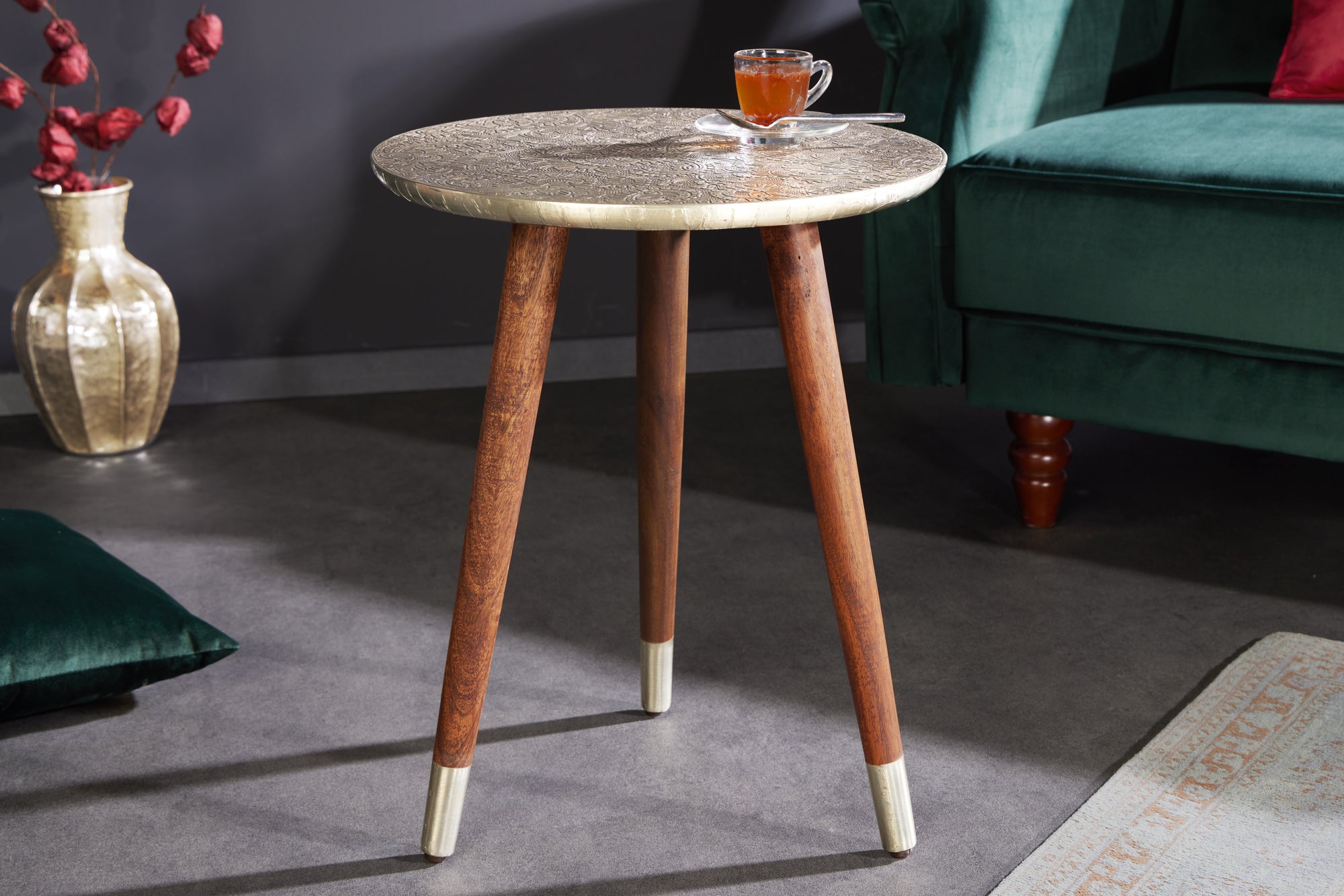 Table d’appoint design ALCAZAR 50cm métal argenté antique bois de manguier fait main ronde