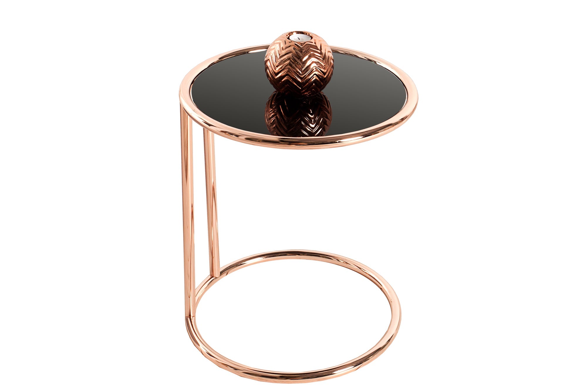 Mesa auxiliar de diseño ART DECO 40cm metal cromado cobre cristal negro redonda
