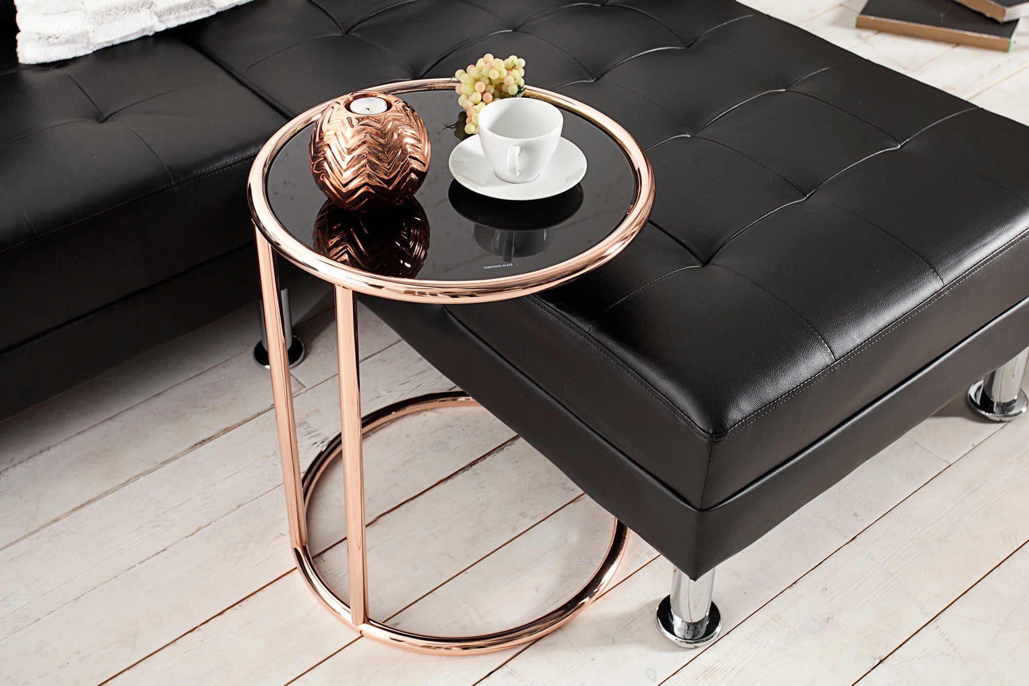 Mesa auxiliar de diseño ART DECO 40cm metal cromado cobre cristal negro redonda