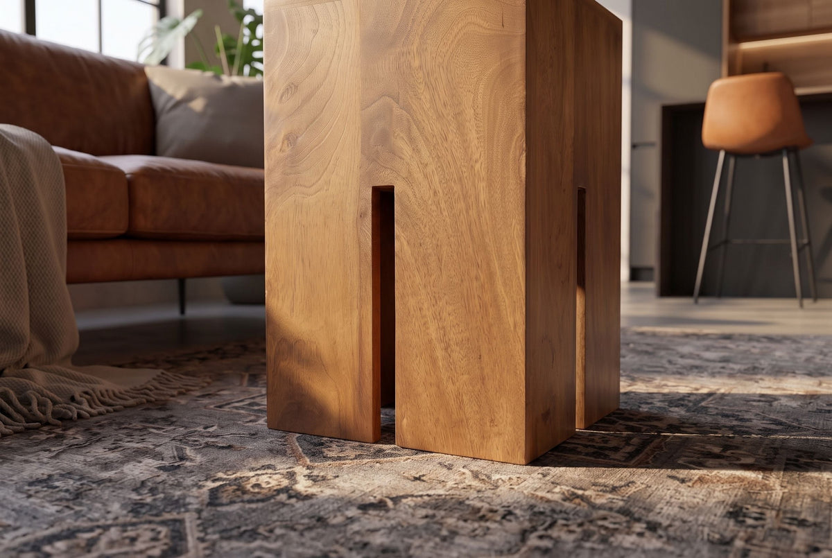 Table d’appoint design CASTLE 45cm finition miel marron en bois de manguier massif fait main