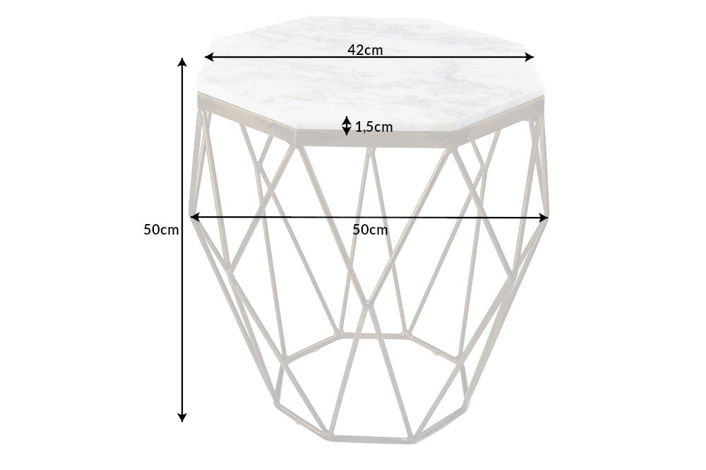 Table d'appoint design DIAMOND 50cm marbre blanc laiton métal