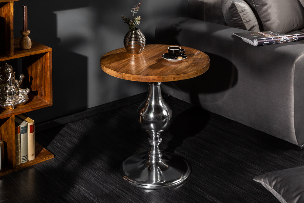 Table d’appoint design EXTRAVAGANCIA 60cm en manguier massif pied colonne métal rond argent