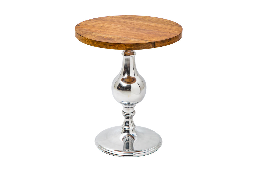 Table d’appoint design EXTRAVAGANCIA 60cm en manguier massif pied colonne métal rond argent