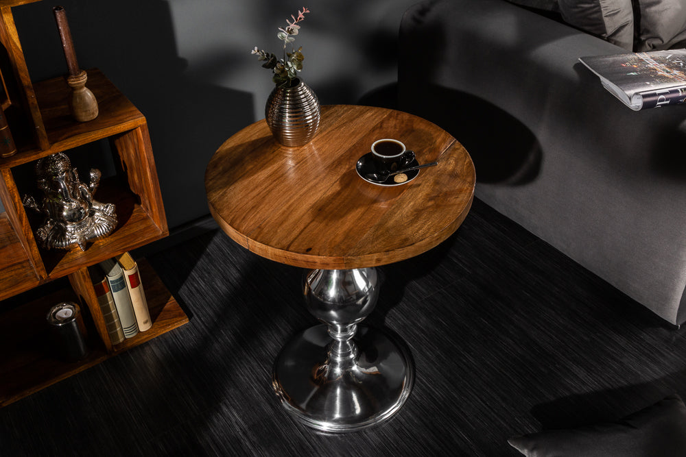 Table d’appoint design EXTRAVAGANCIA 60cm en manguier massif pied colonne métal rond argent