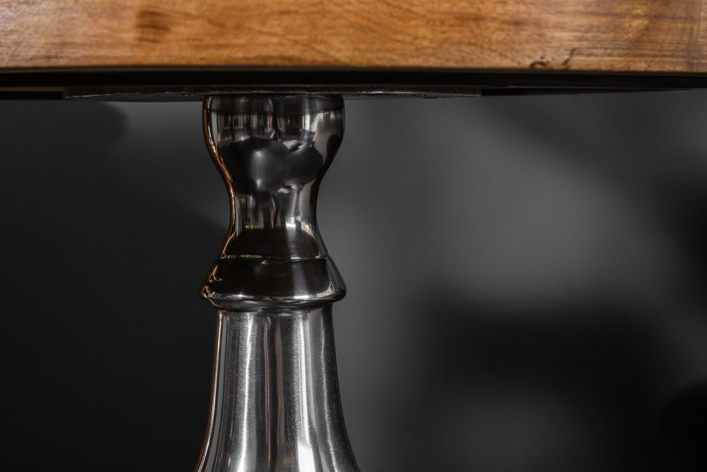 Table d’appoint design EXTRAVAGANCIA 60cm en manguier massif pied colonne métal rond argent