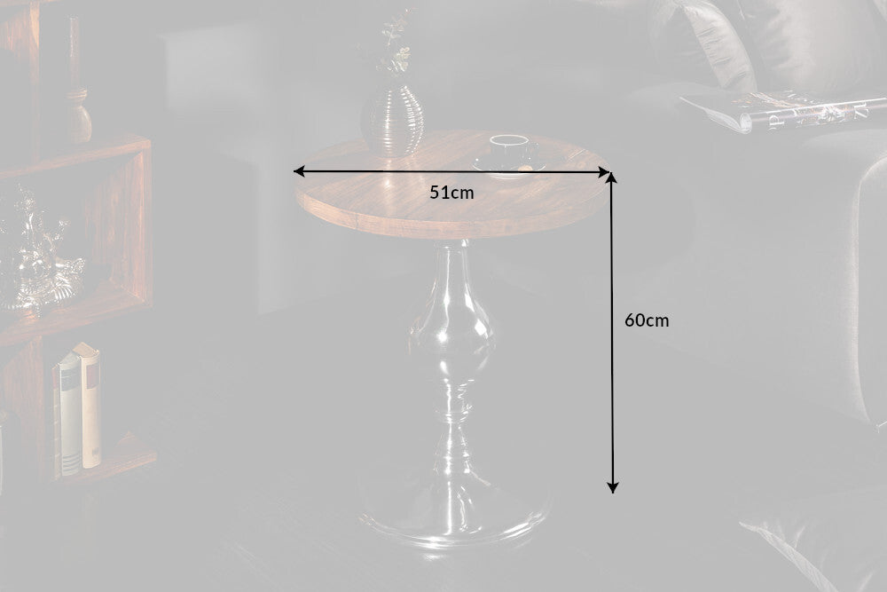 Table d’appoint design EXTRAVAGANCIA 60cm en manguier massif pied colonne métal rond argent