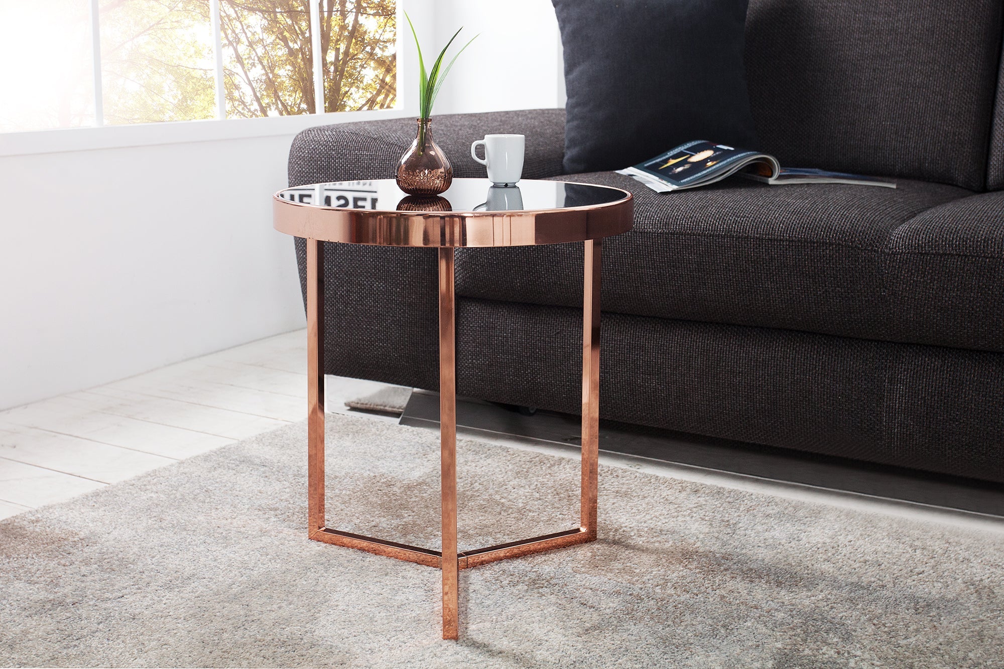 Table d'appoint design Original ASTRO 50 cm métal cuivré plateau verre noir table basse ronde
