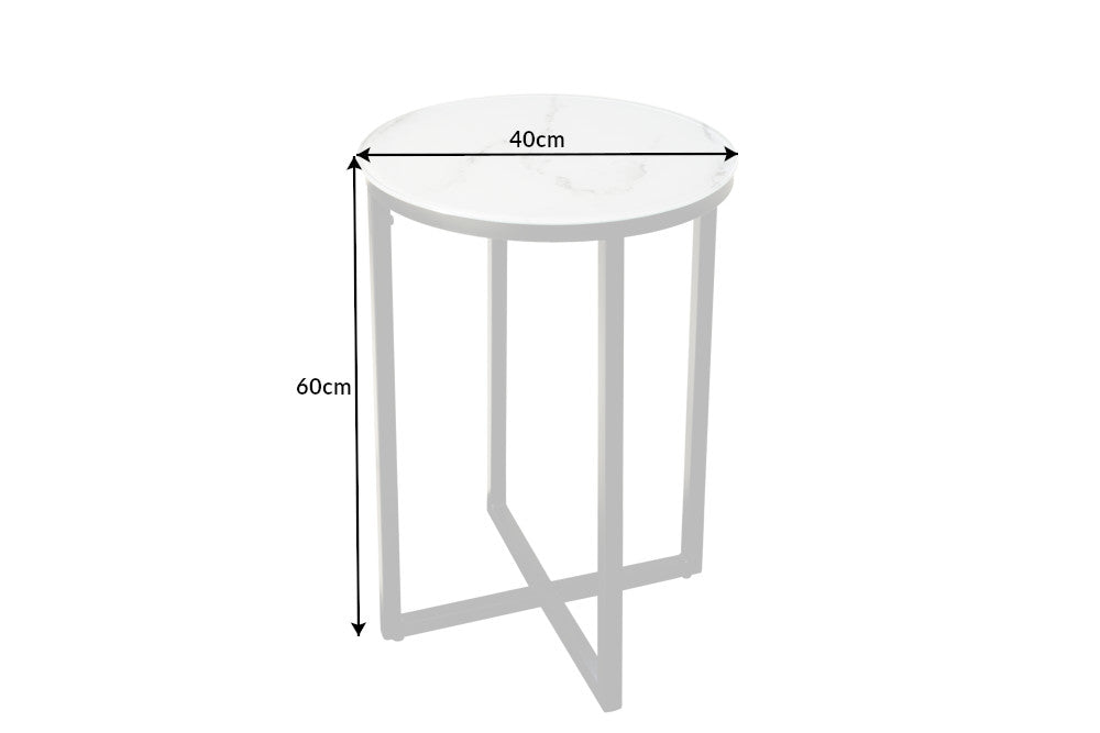 Elegante mesa auxiliar BOUTIQUE 40cm redonda blanca de cristal con decoración de mármol y marco negro