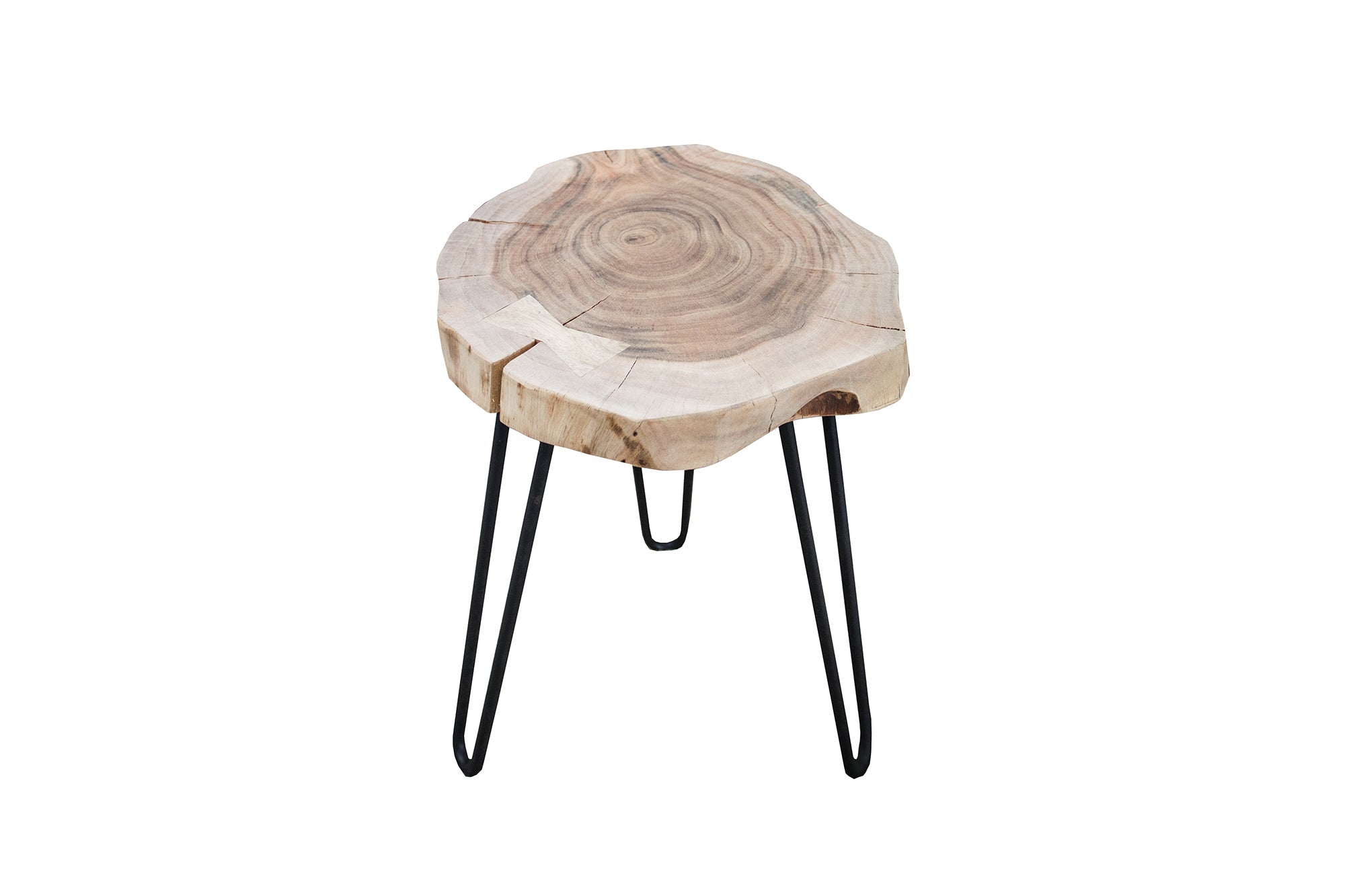 GOA Mesa auxiliar de madera maciza de 40 cm con tronco de acacia natural y patas de horquilla de metal negro