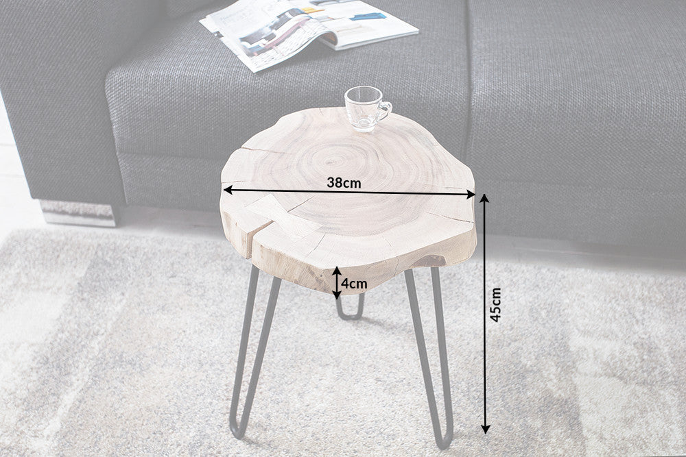GOA Mesa auxiliar de madera maciza de 40 cm con tronco de acacia natural y patas de horquilla de metal negro