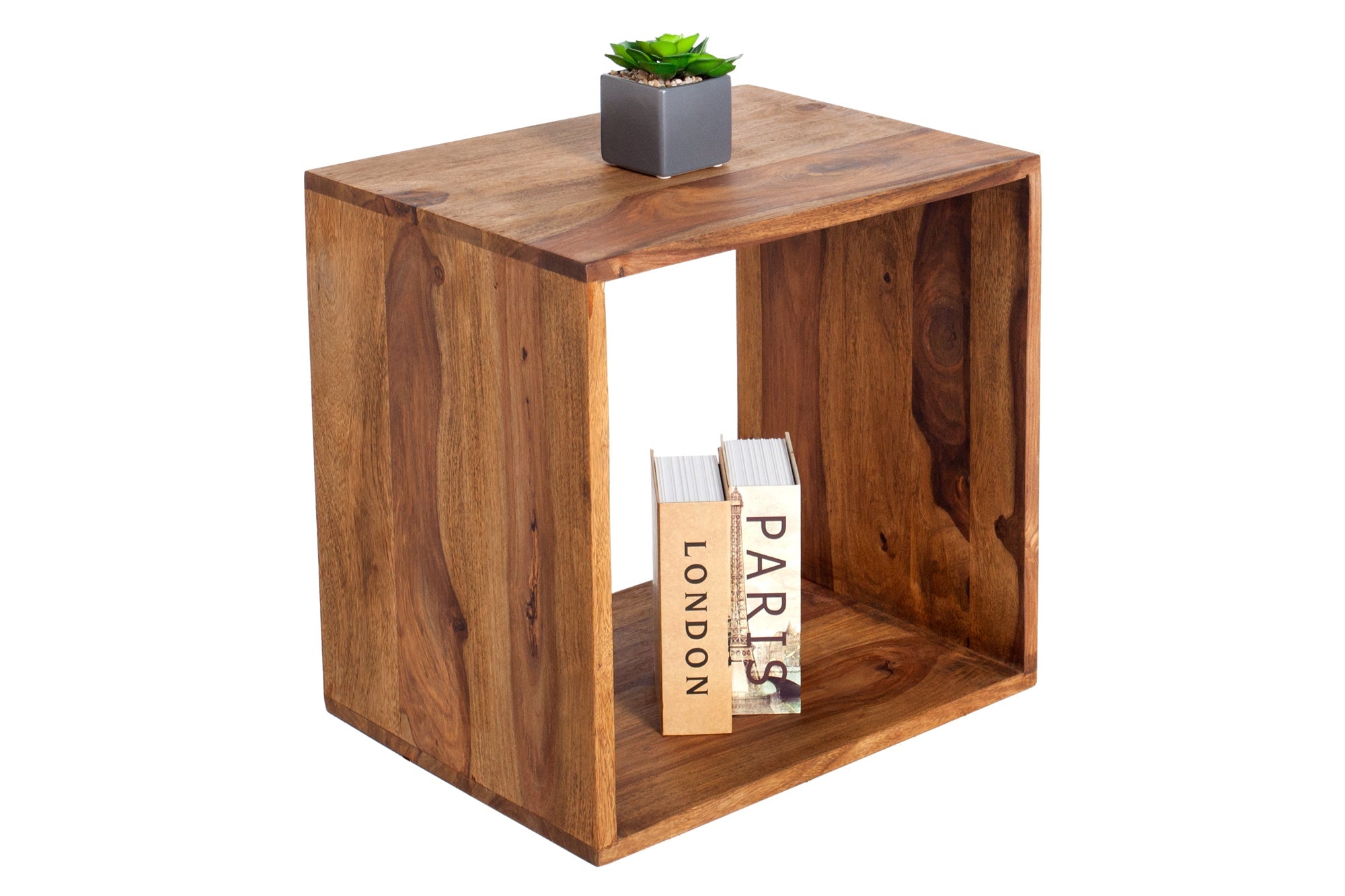 MAKASSAR mesa auxiliar de madera maciza 45cm marrón Sheesham acabado piedra estantería hecha a mano