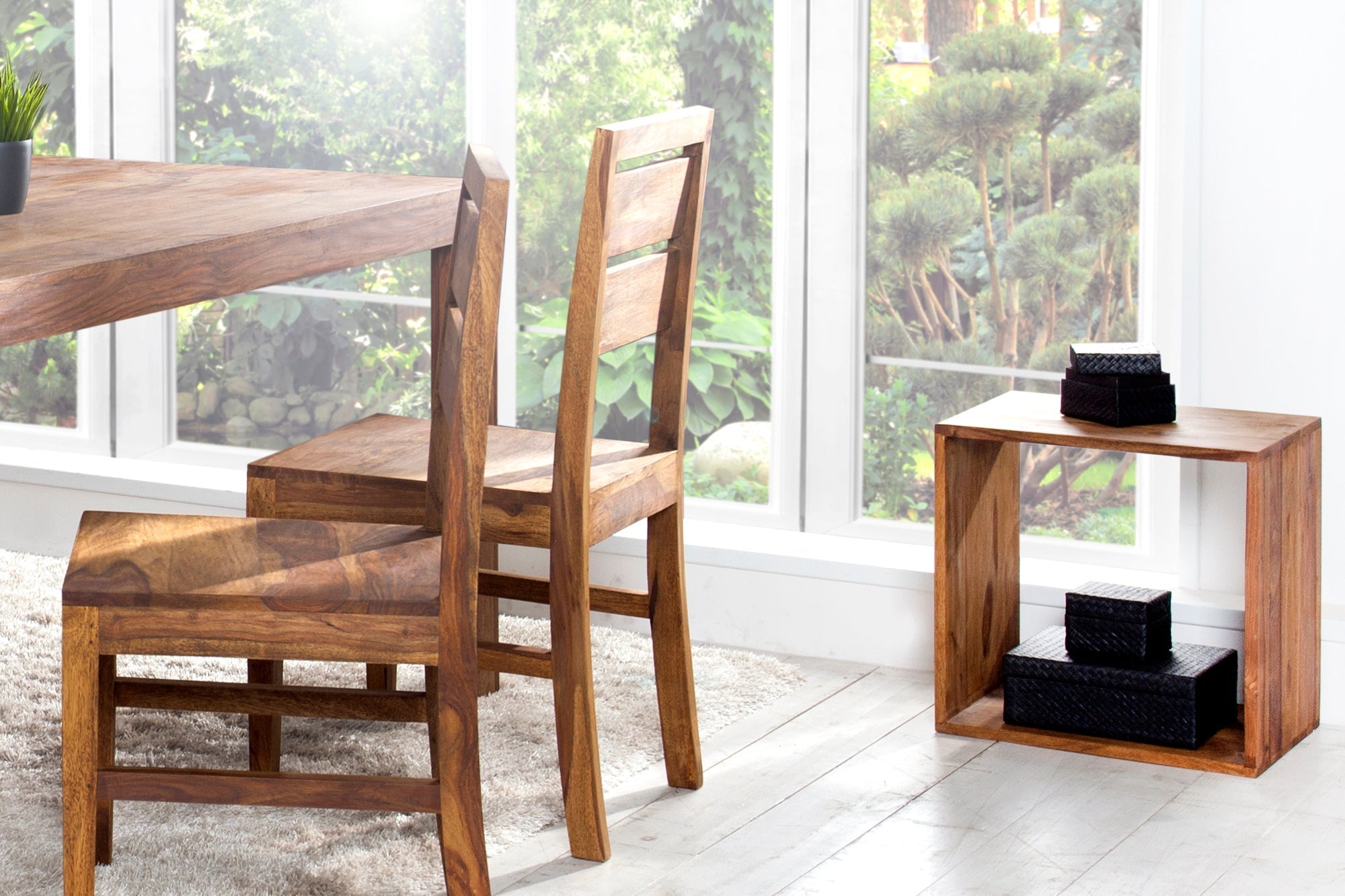 Table d’appoint en bois massif MAKASSAR 45cm marron finition pierre Sheesham étagère fait main