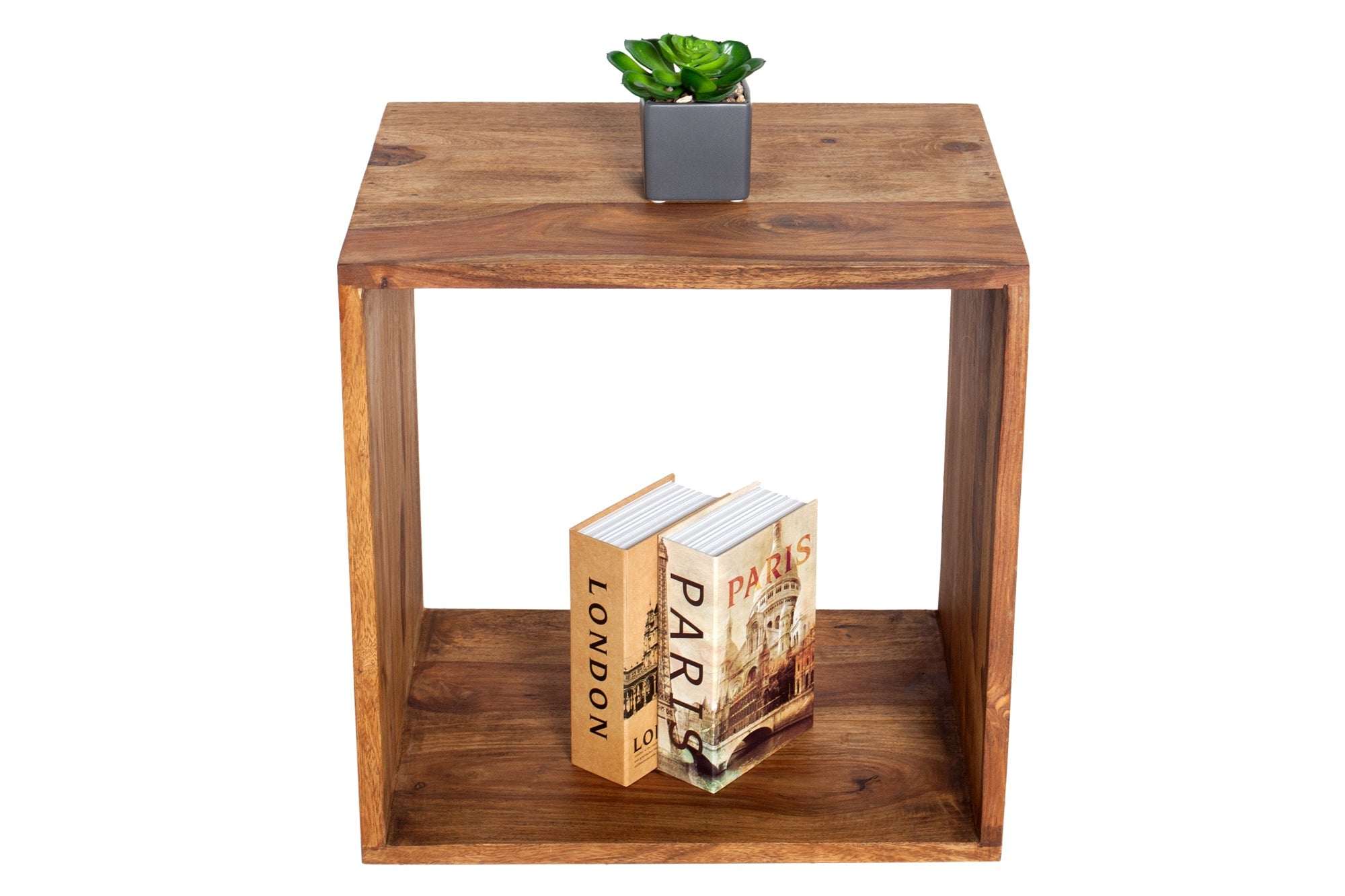 Table d’appoint en bois massif MAKASSAR 45cm marron finition pierre Sheesham étagère fait main