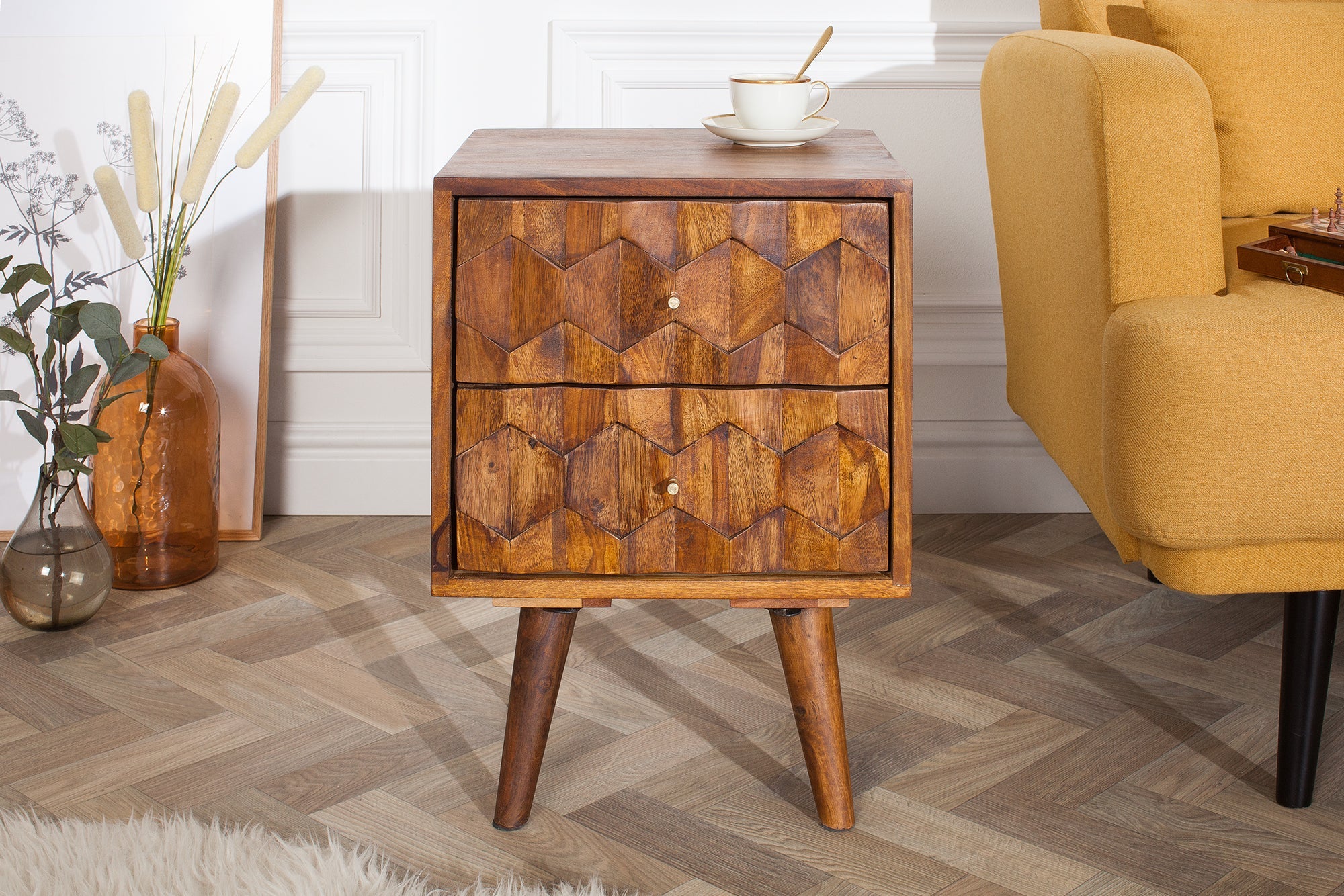 Table d'appoint en bois massif MYSTIC LIVING 60 cm marron finition pierre de Sheesham table de chevet