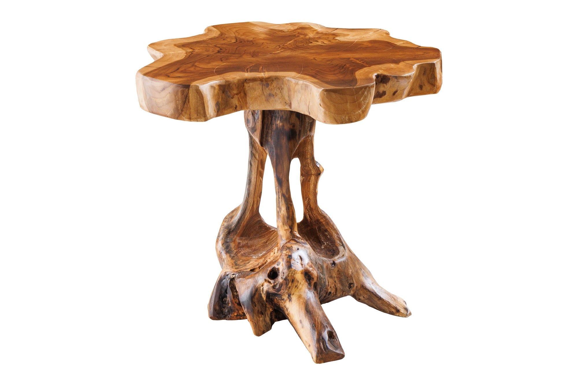 ROOT Mesa auxiliar de madera maciza de 40 cm en madera de raíz de teca natural con diseño de zancos