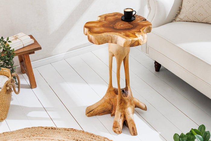 Table d'appoint en bois massif ROOT 70cm en teck naturel en bois de racine au design sur pilotis