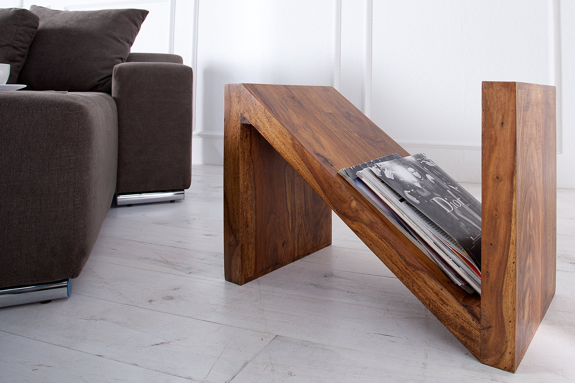 Mesa auxiliar de madera maciza Z 45 cm Sheesham marrón monograno acabado piedra