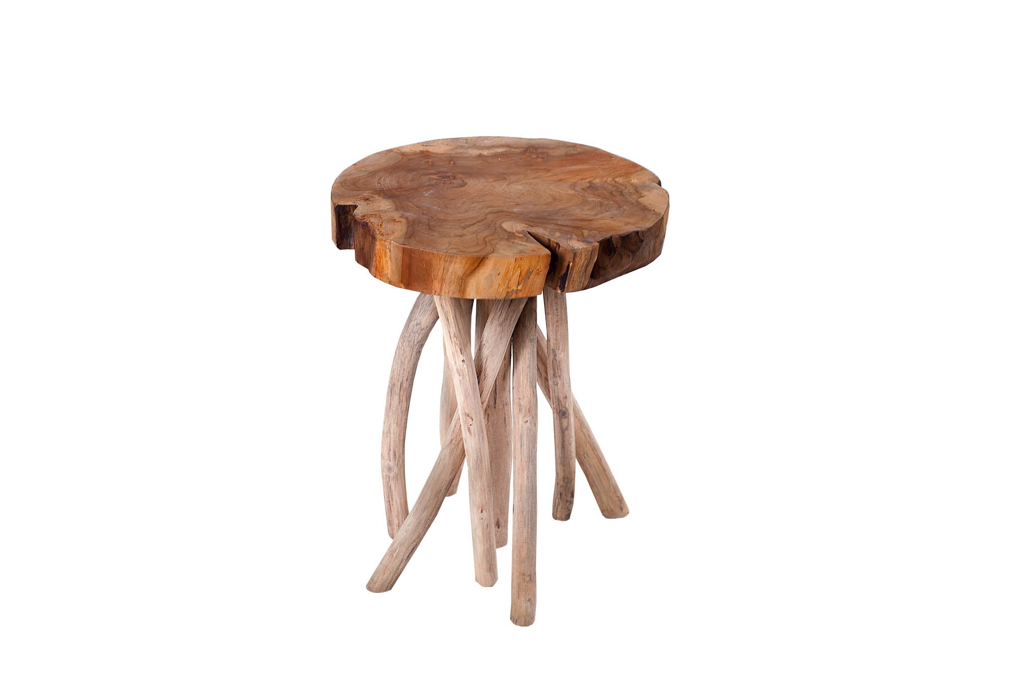 Exclusiva mesa auxiliar ROOT Taburete redondo de 30 cm de madera maciza de teca natural