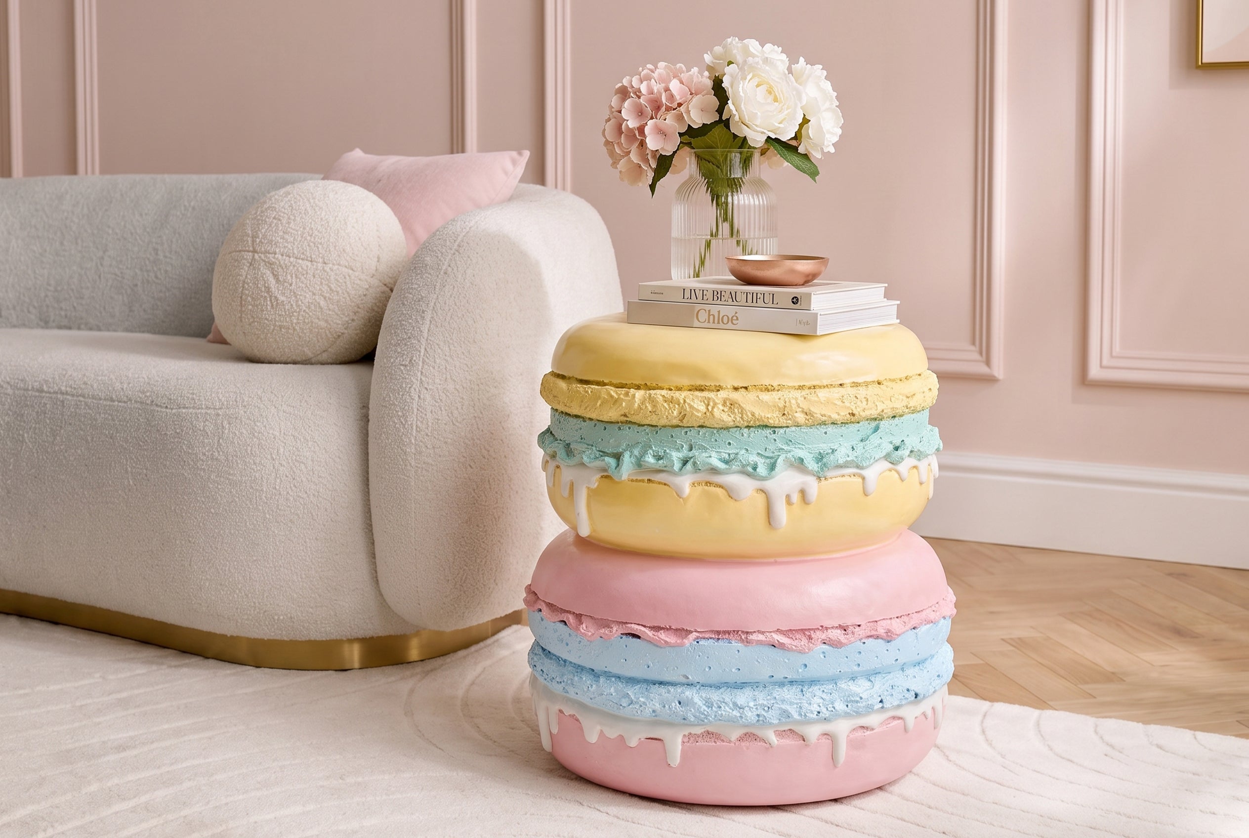 Table d’appoint extraordinaire MACARONS 50cm jaune rose en fibre de verre ronde fait main