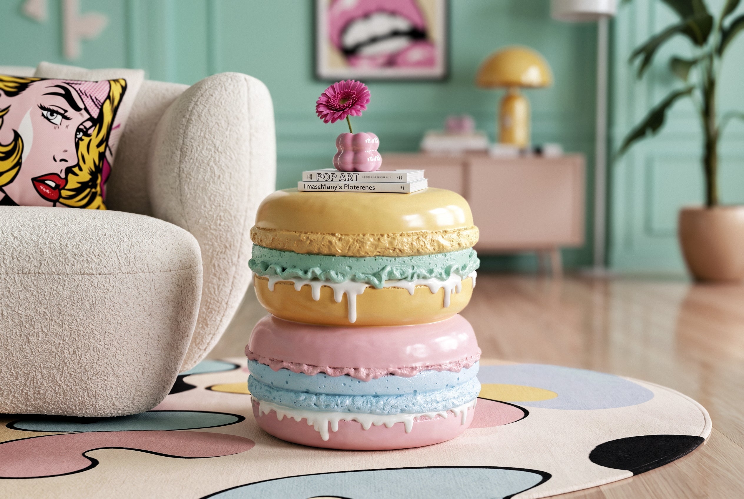 Table d’appoint extraordinaire MACARONS 50cm jaune rose en fibre de verre ronde fait main