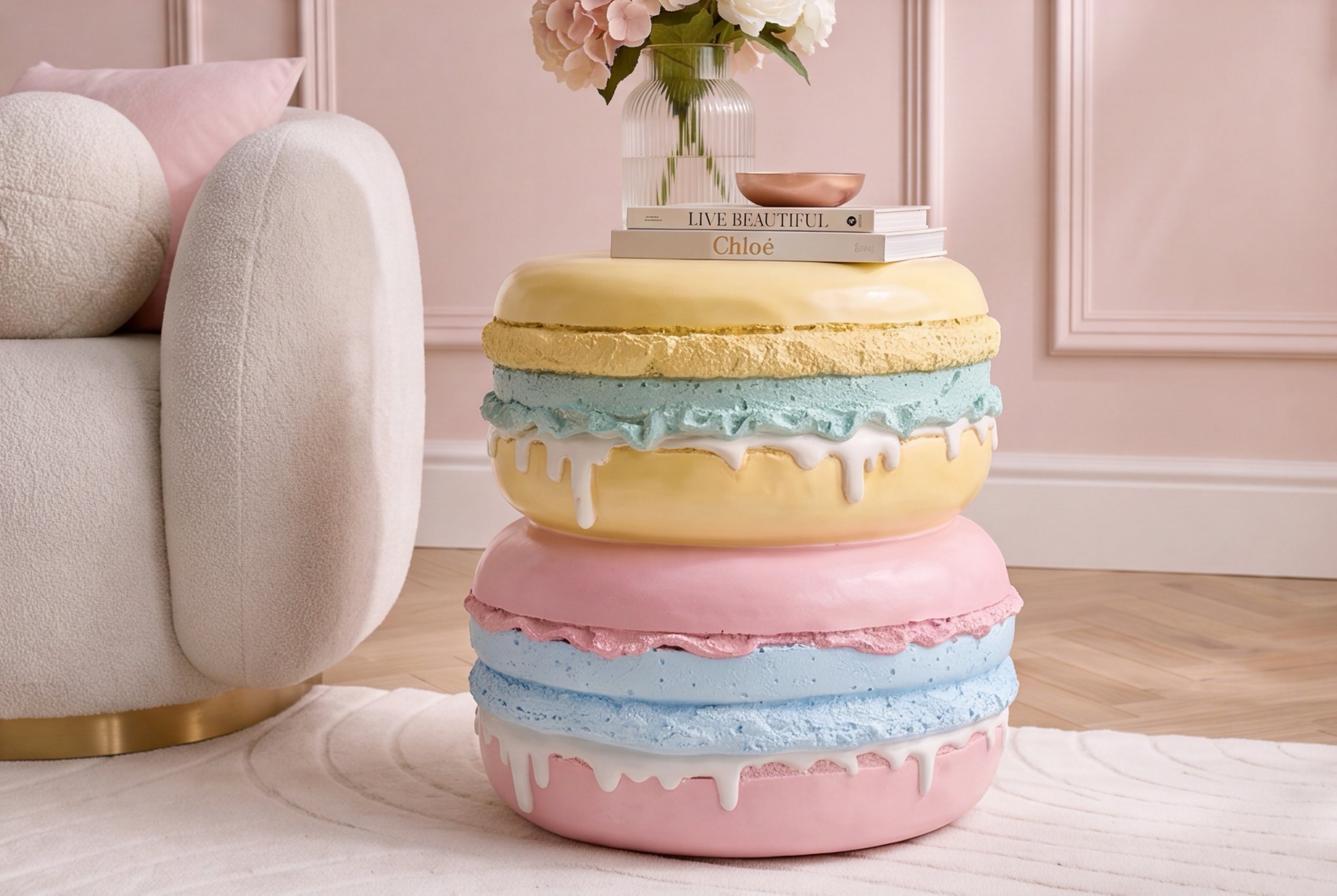 Table d’appoint extraordinaire MACARONS 50cm jaune rose en fibre de verre ronde fait main