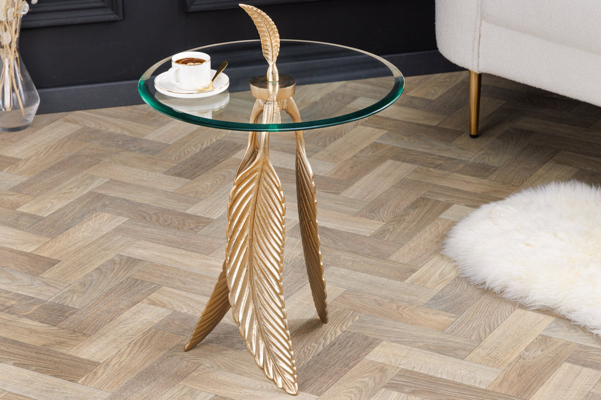 Table d’appoint extravagante FEATHER 65cm plateau en verre doré fait main ronde