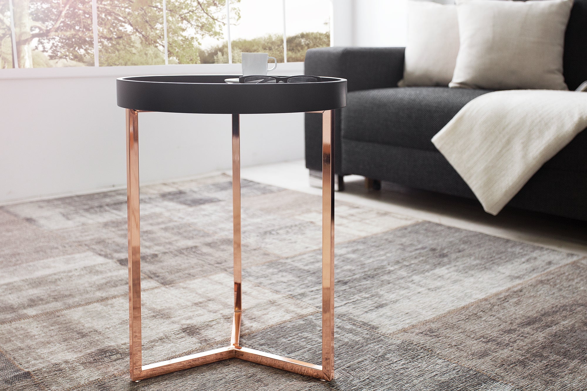 Extravagante mesa auxiliar MODULAR redonda de 40cm en cobre negro mate con tapa
