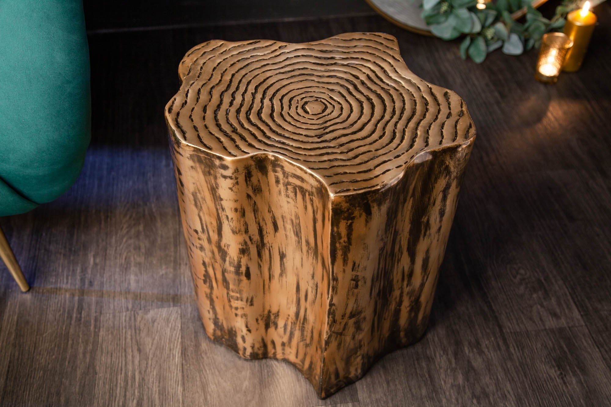 Extravagante mesa auxiliar BIO ORIENT 45cm diseño tronco de árbol de metal dorado