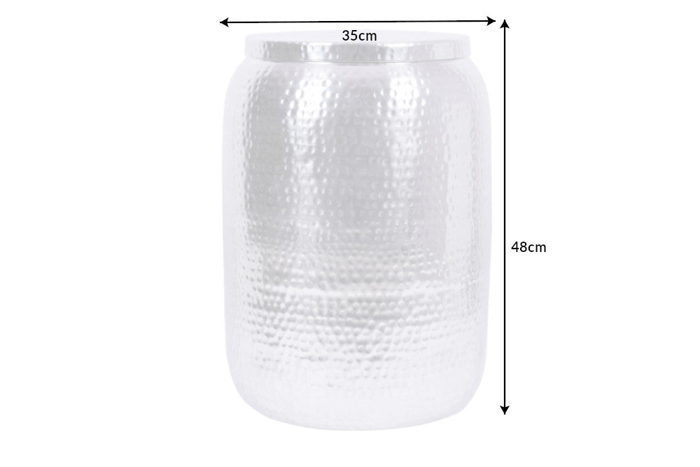 Table d’appoint faite main ORIENT STORAGE 50cm design martelé en argent avec espace de rangement rond