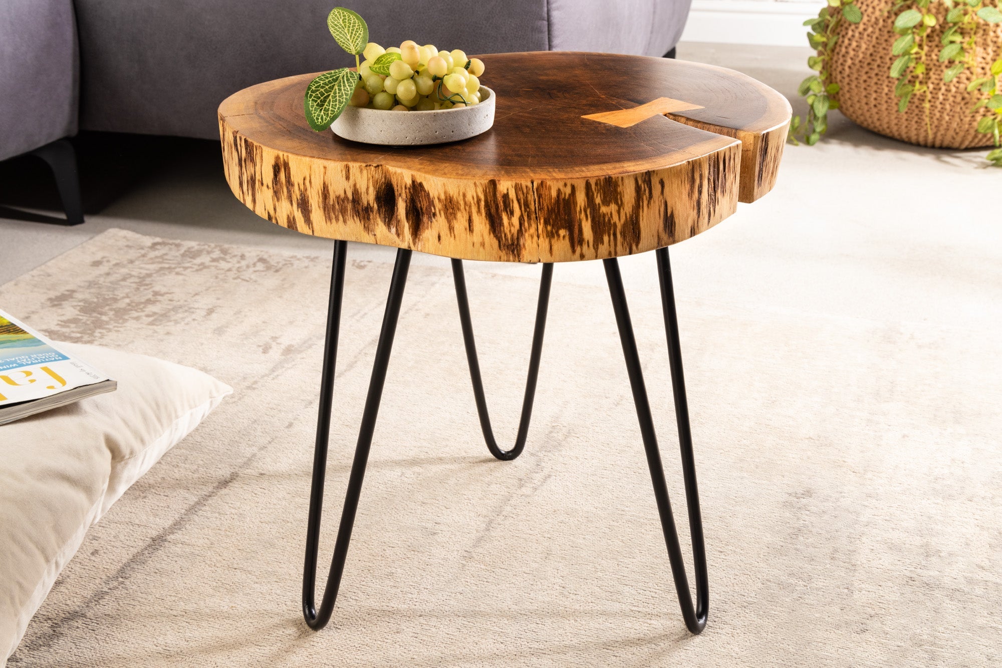 GOA Mesa auxiliar industrial de 40 cm de madera maciza de acacia natural, patas redondas de horquilla