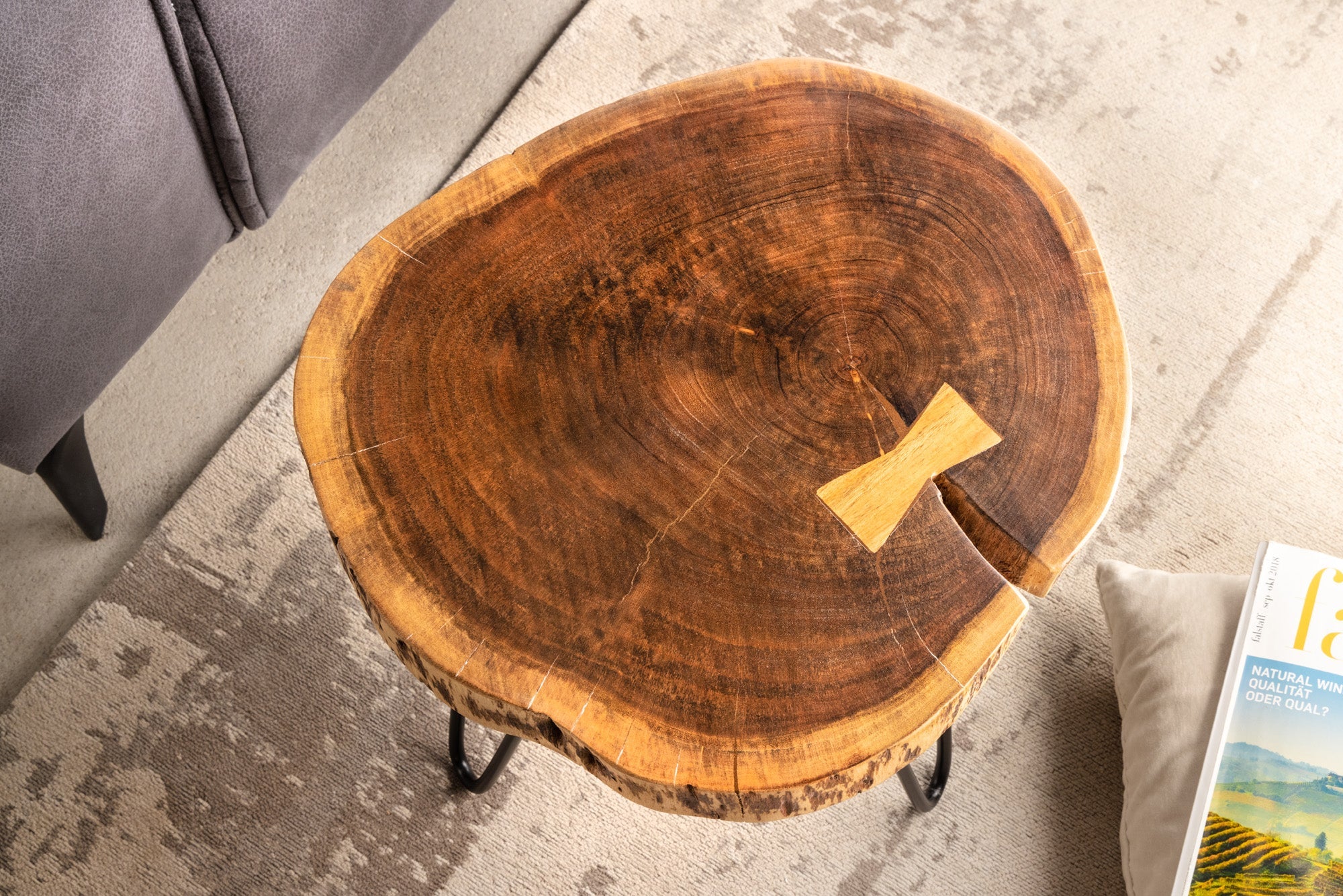 GOA Mesa auxiliar industrial de 40 cm de madera maciza de acacia natural, patas redondas de horquilla