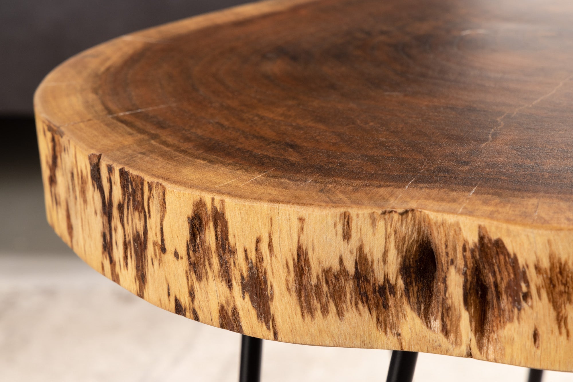 GOA Mesa auxiliar industrial de 40 cm de madera maciza de acacia natural, patas redondas de horquilla
