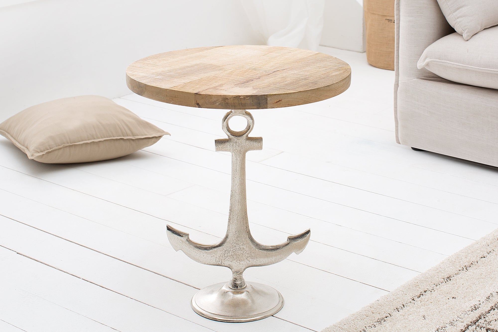 SEVEN SEAS mesa auxiliar marítima 50cm redonda diseño ancla plata madera mango metal