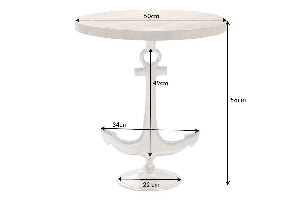 SEVEN SEAS mesa auxiliar marítima 50cm redonda diseño ancla plata madera mango metal