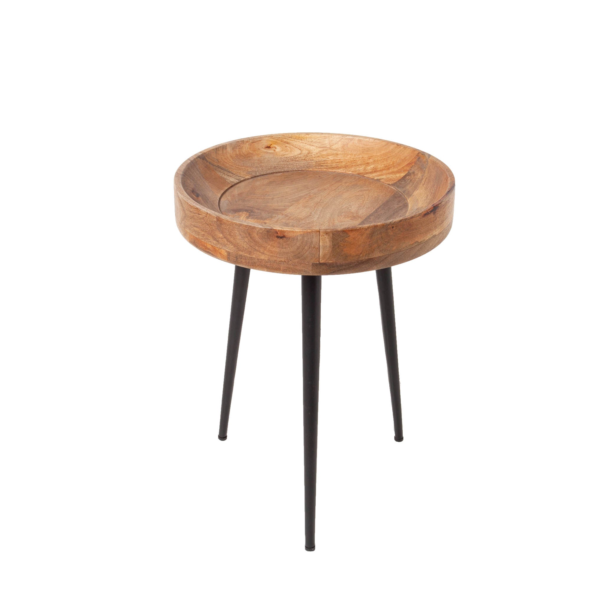 PURE NATURE Mesa auxiliar redonda de 35 cm de madera maciza de mango natural con patas de metal negro