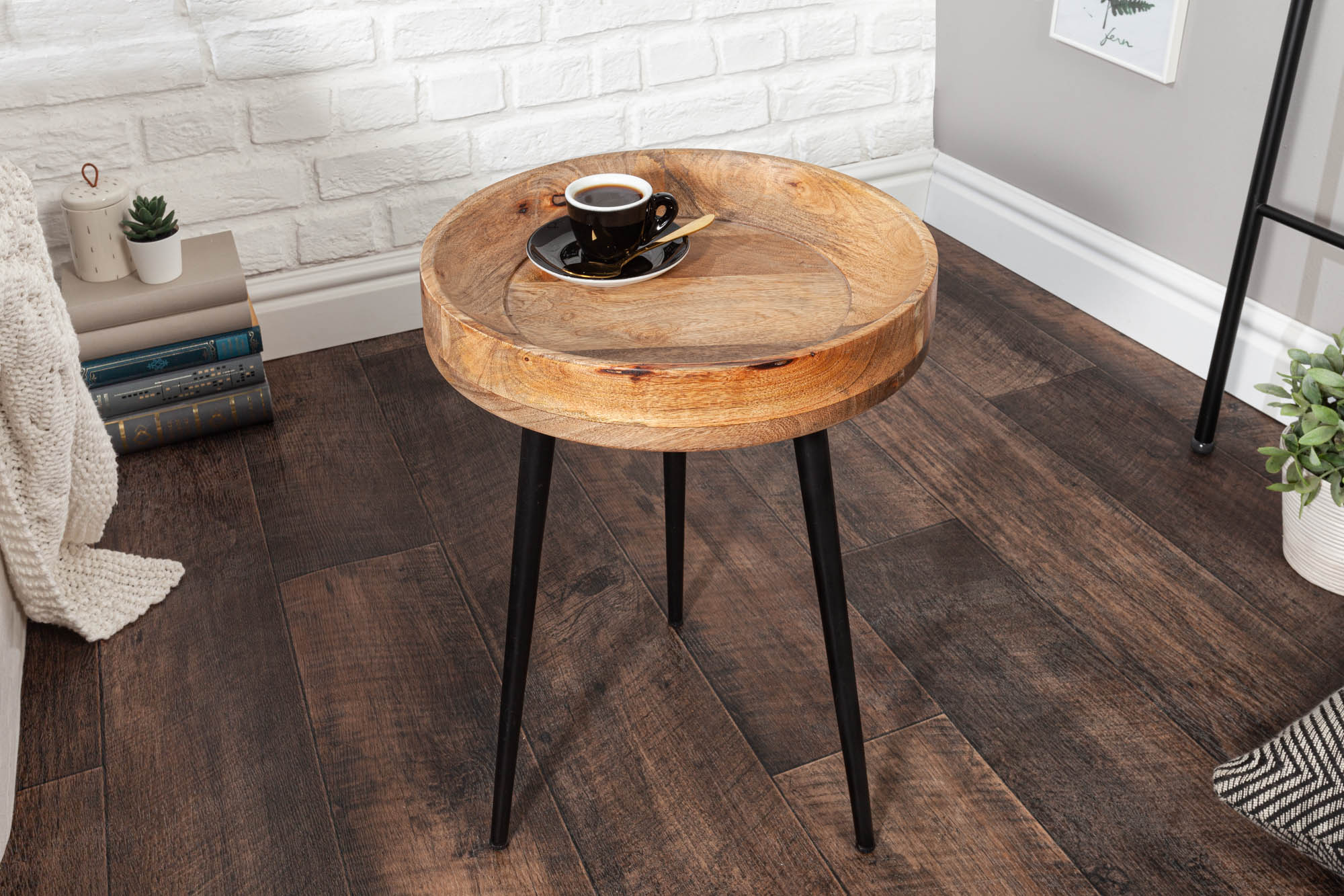 PURE NATURE Mesa auxiliar redonda de 35 cm de madera maciza de mango natural con patas de metal negro