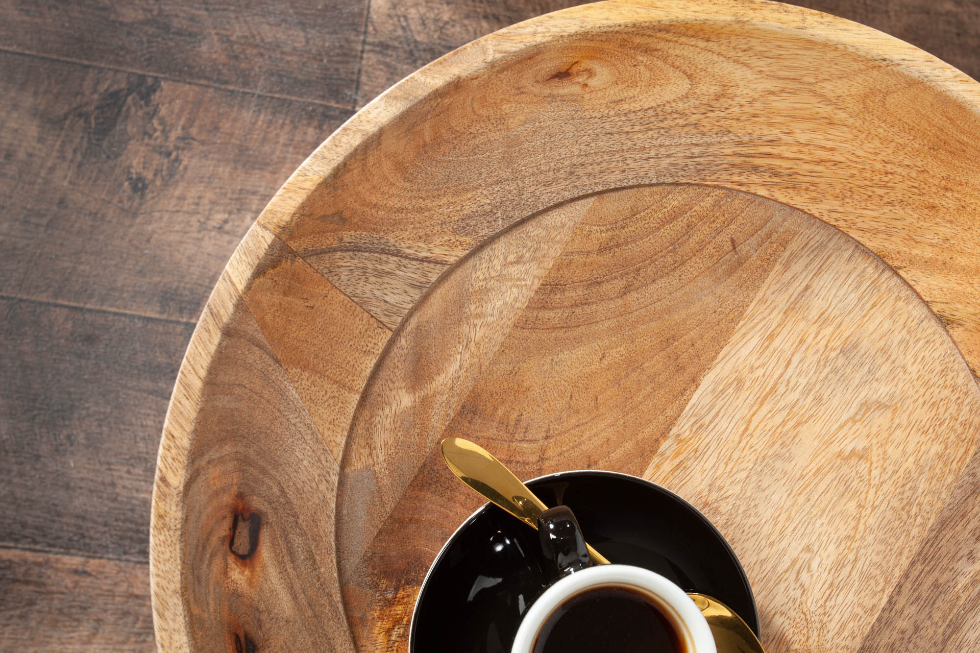 PURE NATURE Mesa auxiliar redonda de 35 cm de madera maciza de mango natural con patas de metal negro