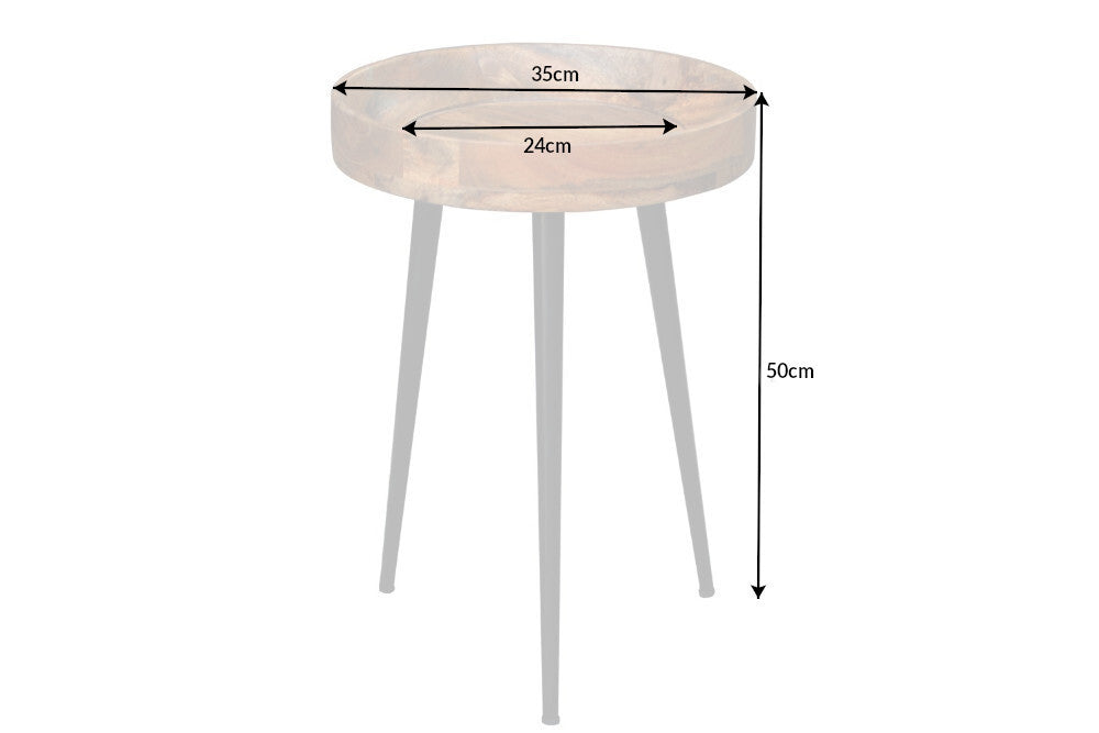 PURE NATURE Mesa auxiliar redonda de 35 cm de madera maciza de mango natural con patas de metal negro