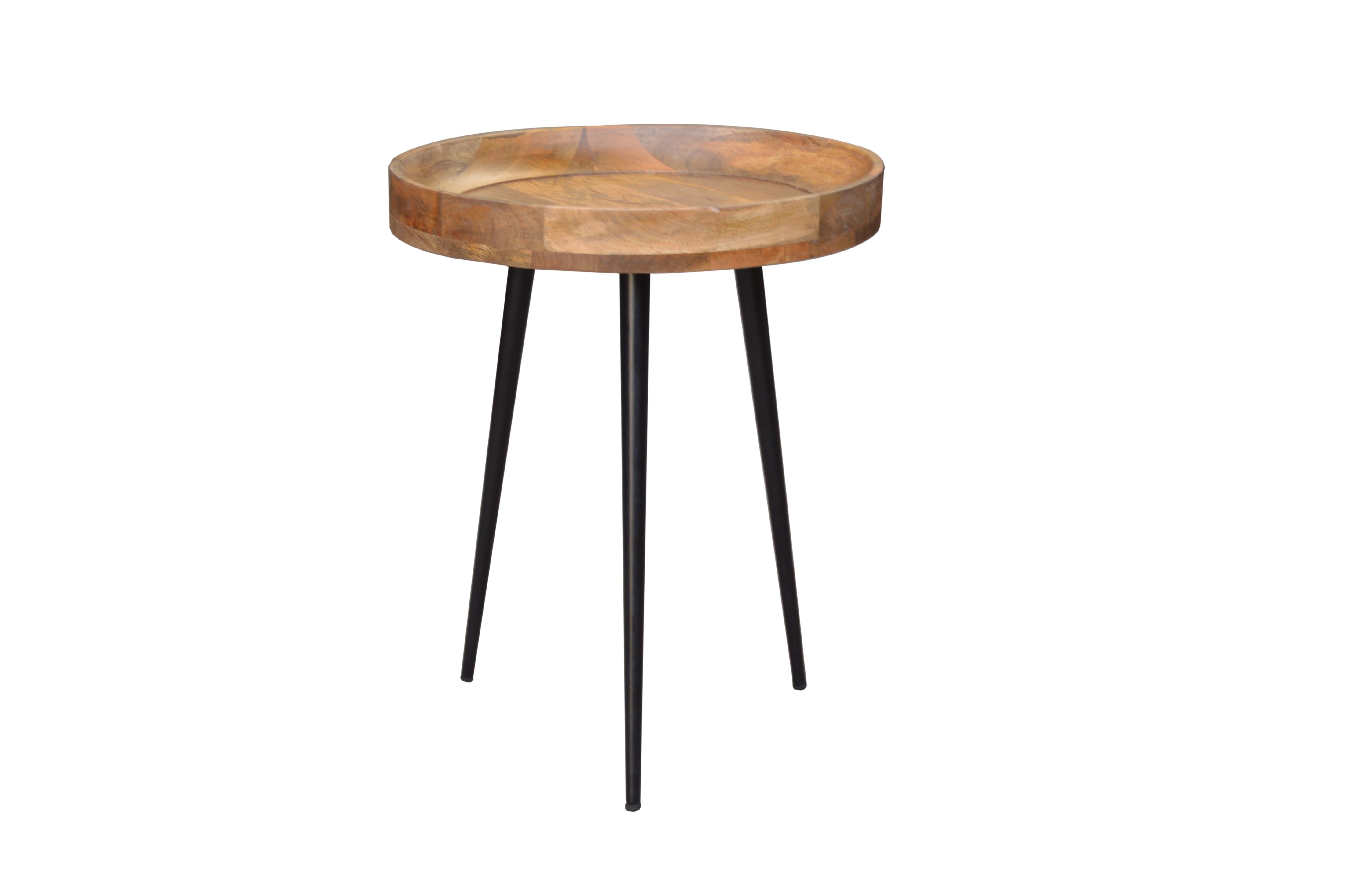 PURE NATURE Mesa auxiliar redonda de 45 cm de madera maciza de mango natural con patas de metal negro