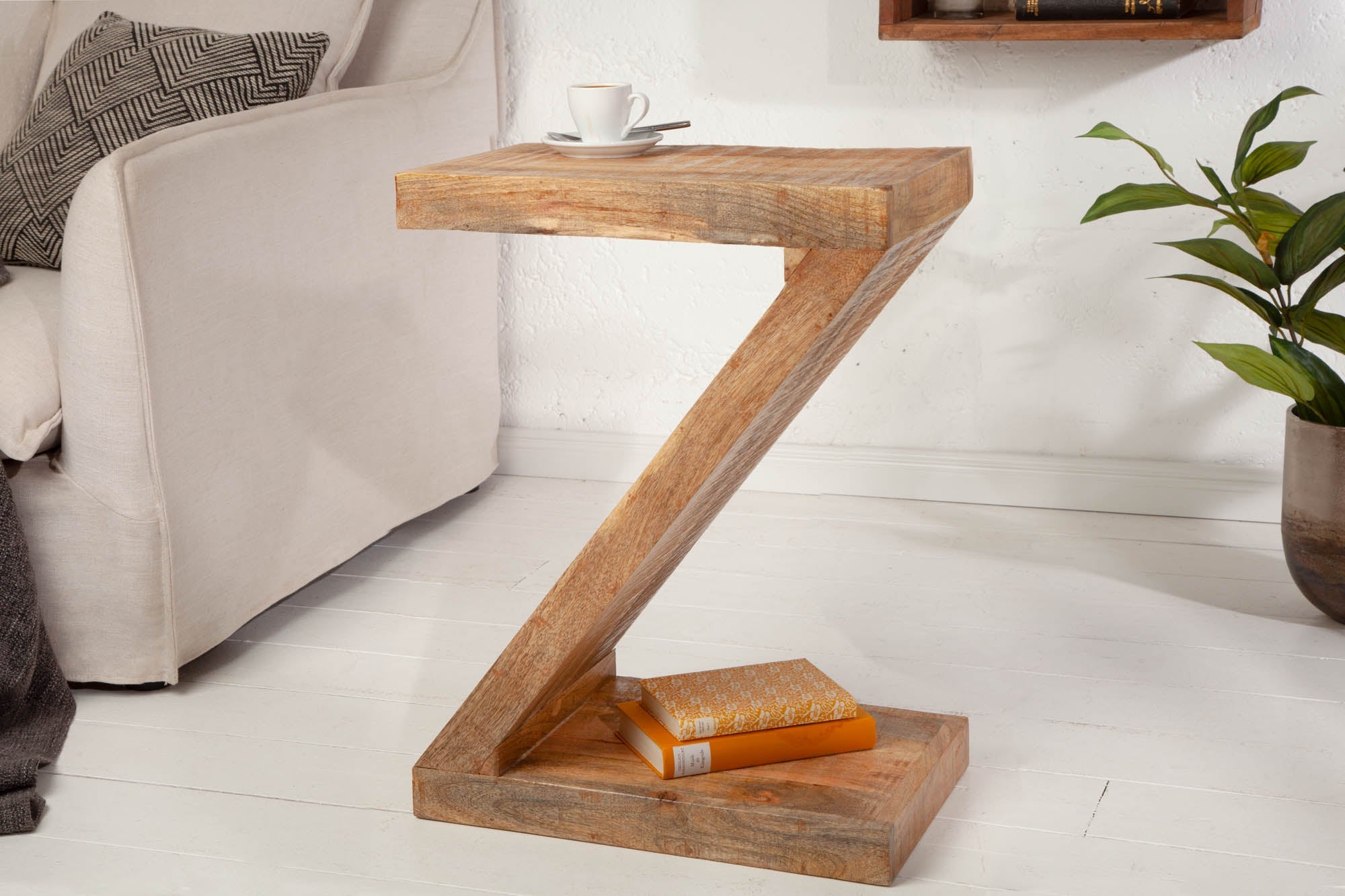 Mesa auxiliar en forma de Z de madera maciza de mango 45 cm hecha a mano