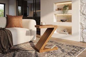 Table d’appoint massive Z 60cm finition miel marron en bois de manguier forme Z fait main