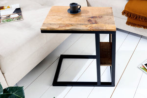 Table d'appoint moderne CONCIERGE 60 cm en bois de manguier naturel avec espace de rangement et structure en métal