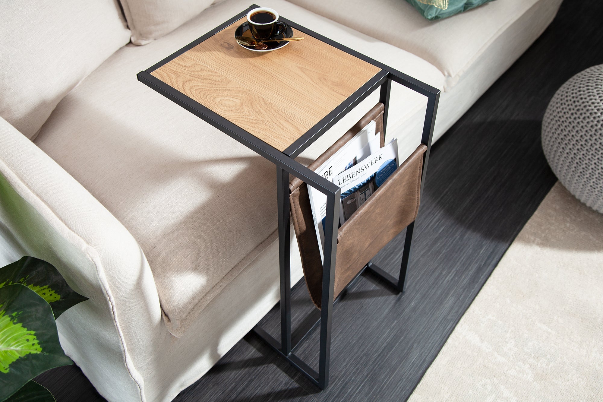 LOFT mesa auxiliar moderna 65 cm diseño roble mesa para portátil con estante estructura de metal negro