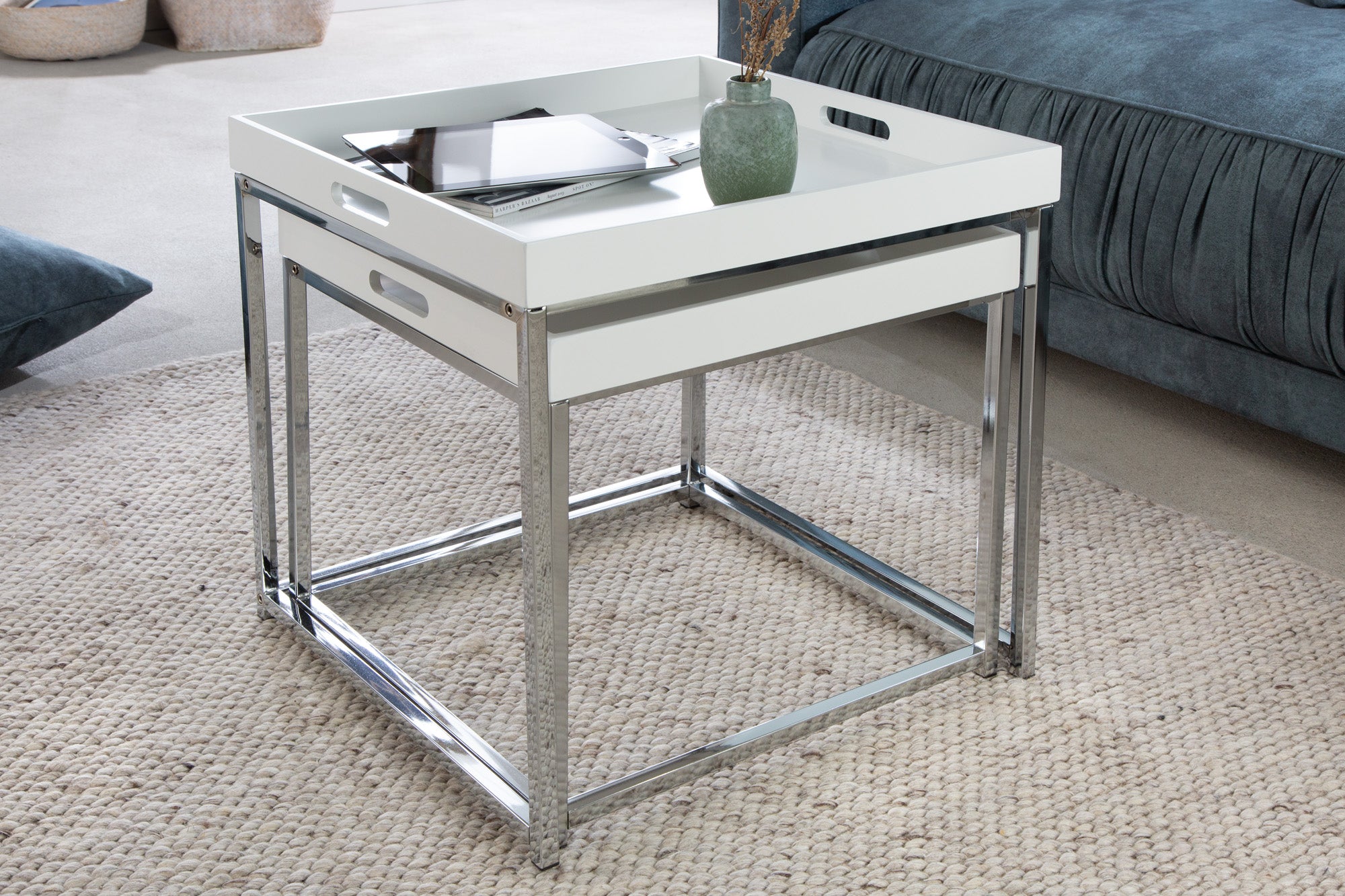 Mesa auxiliar moderna juego de 2 ELEMENTS 50cm tablero desmontable cromo blanco