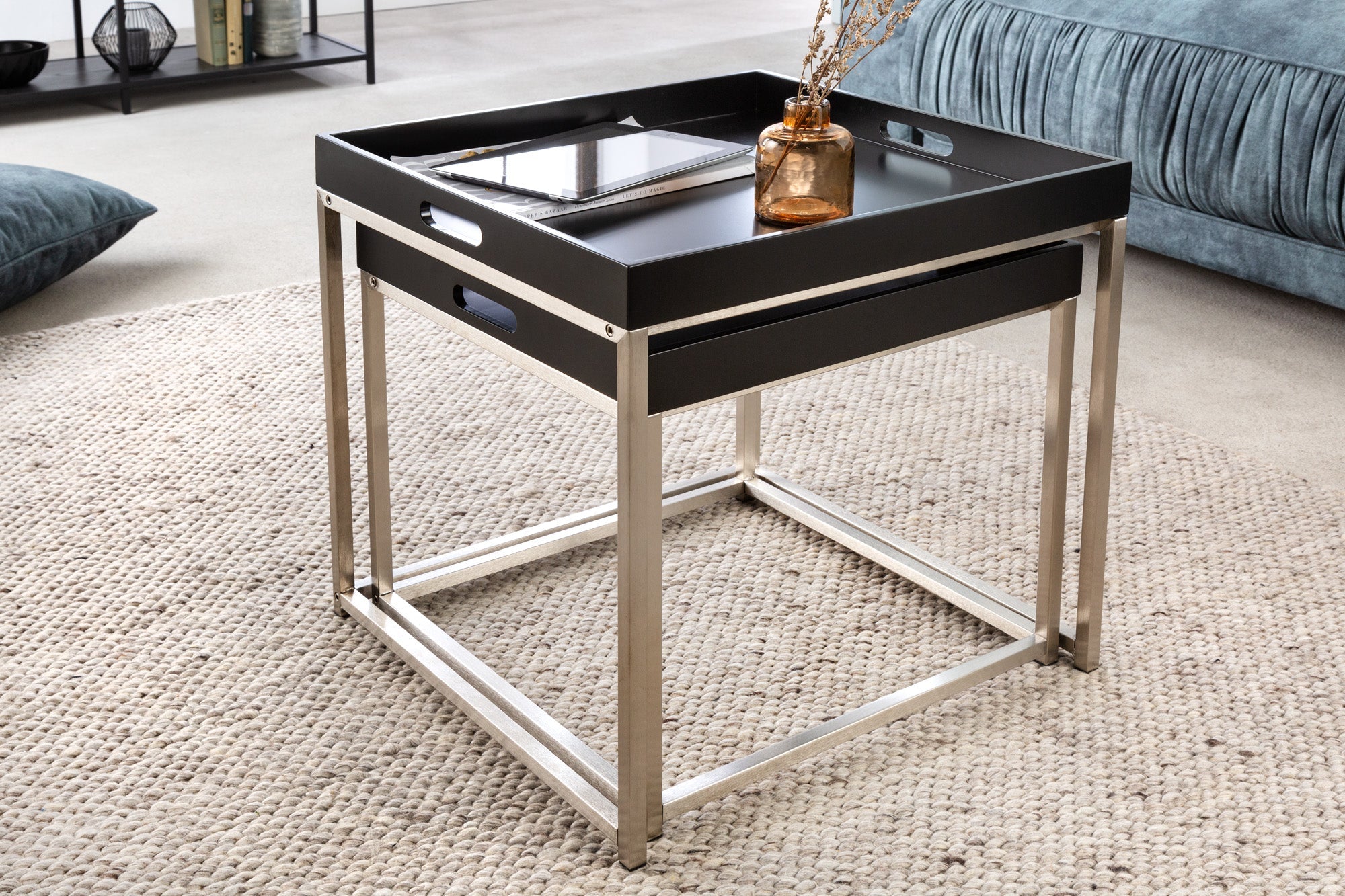 Table d'appoint moderne lot de 2 ELEMENTS 50cm plateau amovible en acier noir