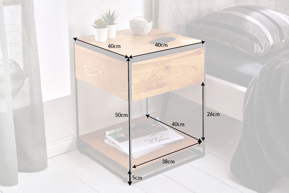 SCORPION mesa auxiliar moderna 50cm diseño roble silvestre mesita de noche metal con cajón