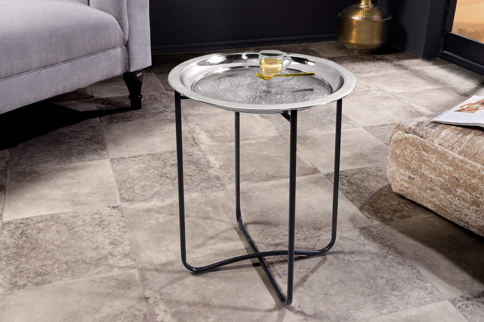Table d'appoint orientale CASABLANCA 50cm plateau noir argenté amovible pliable