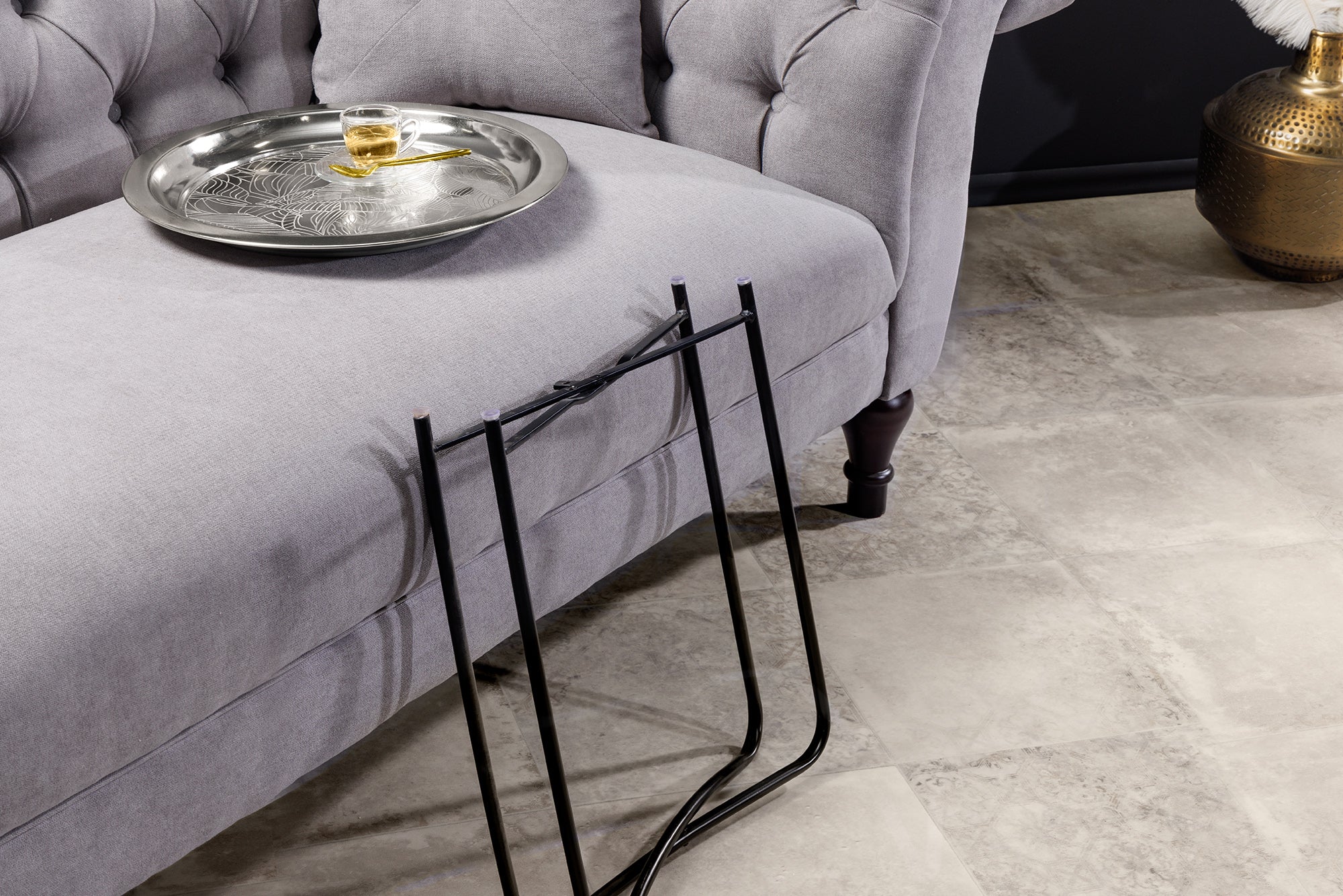 Table d'appoint orientale CASABLANCA 50cm plateau noir argenté amovible pliable