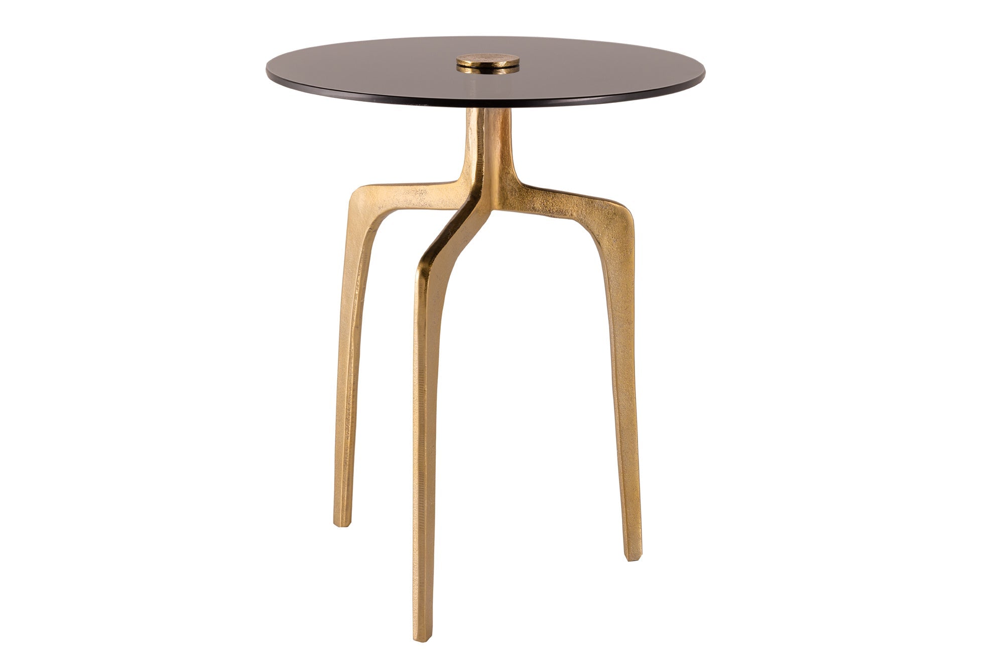 ABSTRACT mesa auxiliar redonda 60cm latón dorado patas de metal negro vidrio hecho a mano